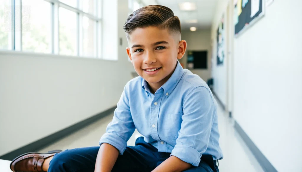 Young boy with straight hair wearing a neat Ivy League haircut with short sides and a polished side-styled top

