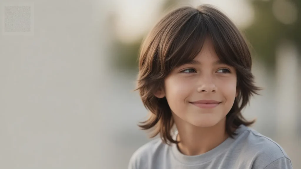 Young boy with straight hair wearing a longer layered haircut with soft movement and a relaxed natural look

