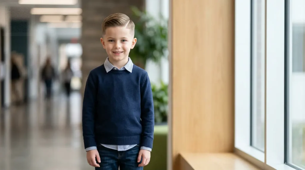 Young boy with straight hair wearing a taper fade with comb over haircut with clean sides and a polished top

