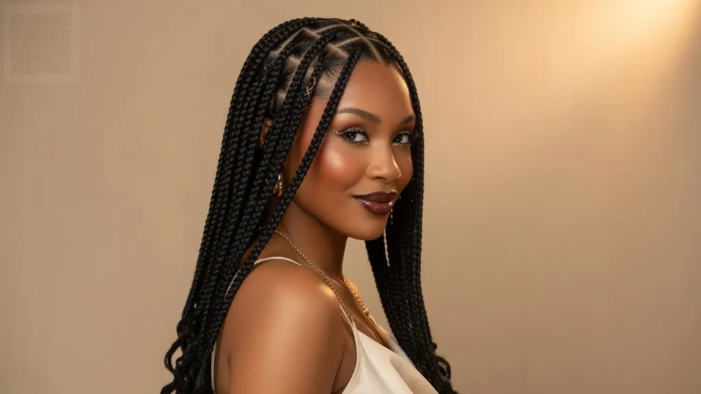 Young Black woman with long neat box braids showing classic square parts and detailed protective hairstyle texture