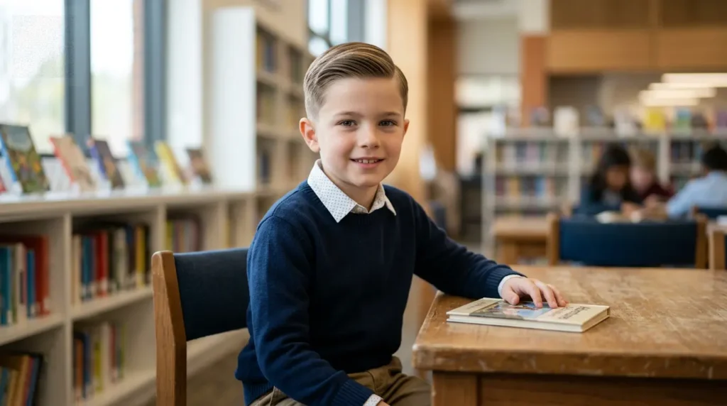 Young boy with straight hair wearing a neat classic side part haircut with short sides and a polished school-friendly look

