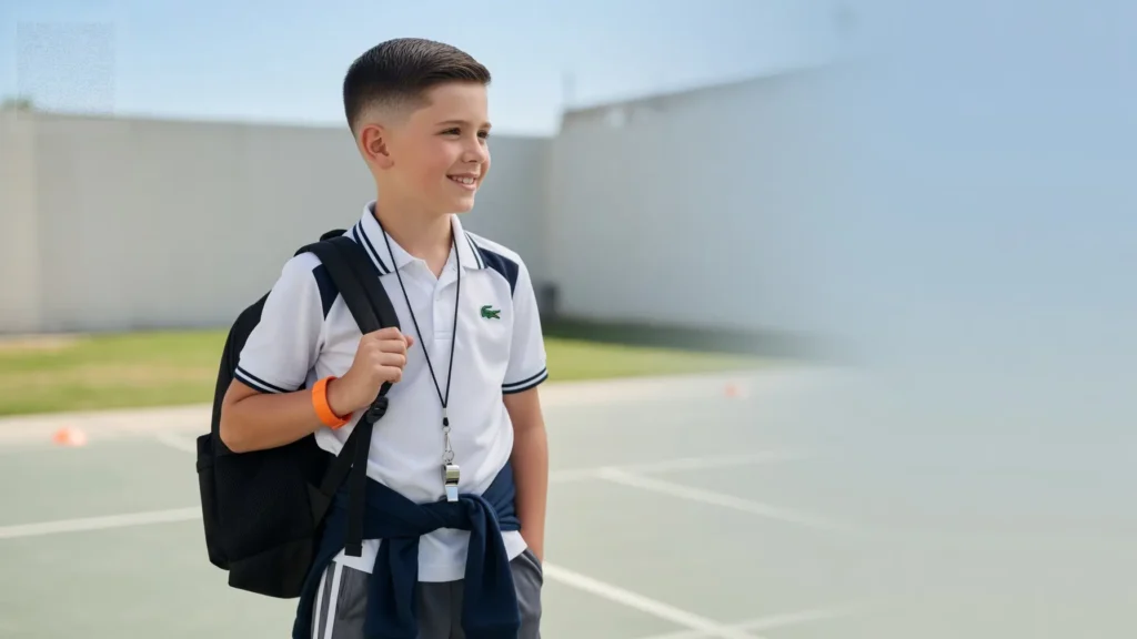 Young boy with straight hair wearing a neat crew cut haircut with short sides and a simple low-maintenance look

