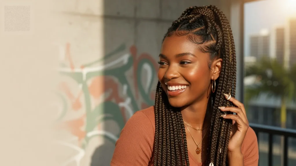 Stylish Black woman with long traditional braids in a warm editorial studio portrait highlighting braid texture and healthy hair
