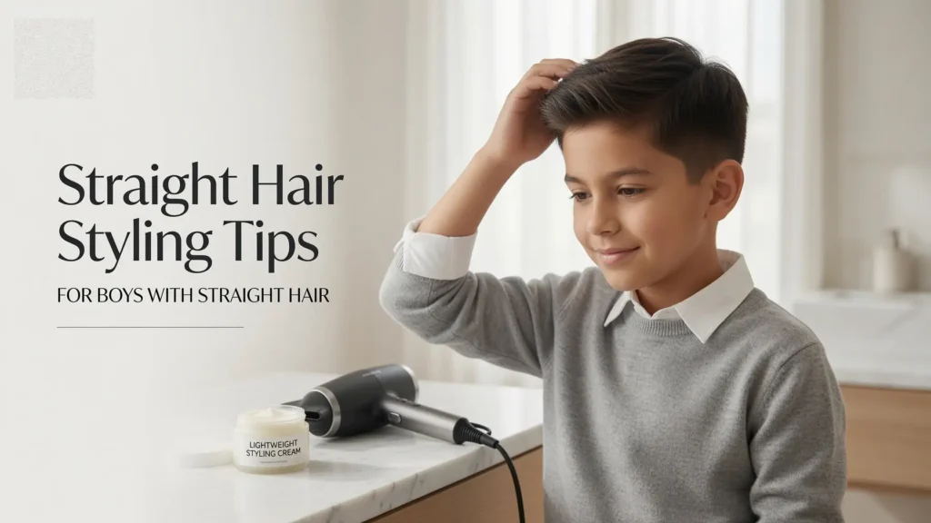 Young boy with straight hair being gently styled with light hair product, showing simple everyday styling tips for smooth healthy hair

