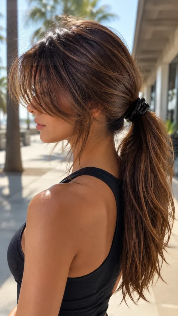 Protective Long Layers with Curtain Bangs for Active