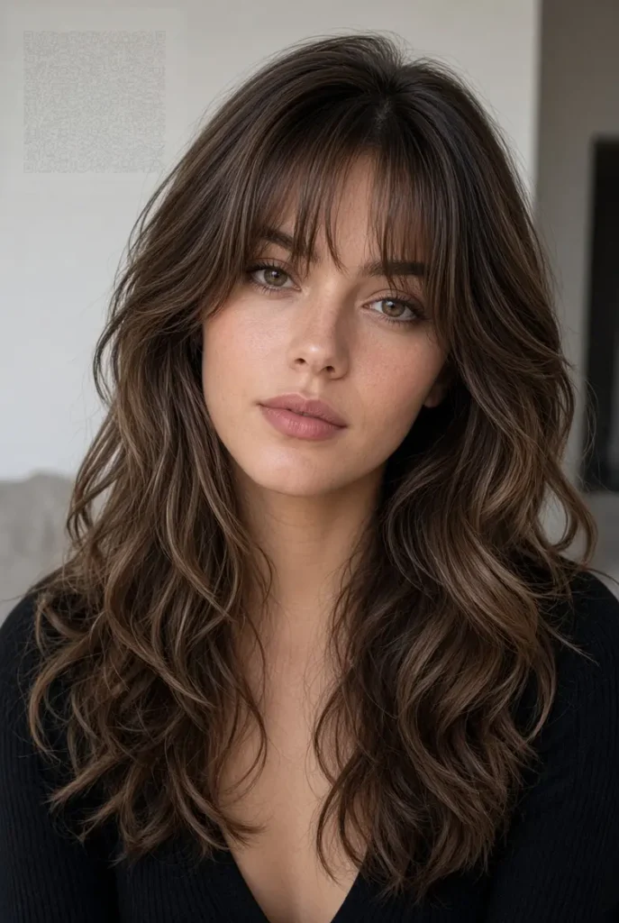 Voluminous Long Layers with Curtain Bangs