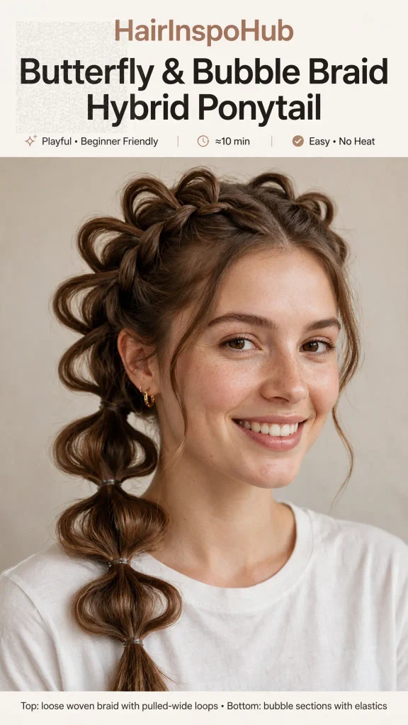 Butterfly and bubble braid hybrid ponytail