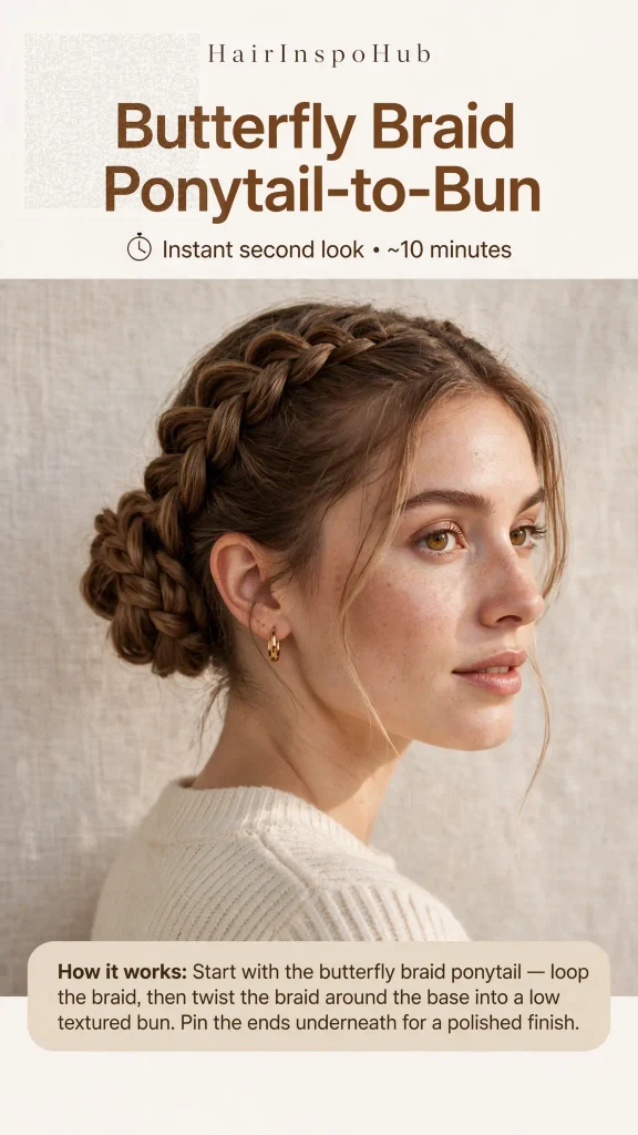 Butterfly braid ponytail-to-bun