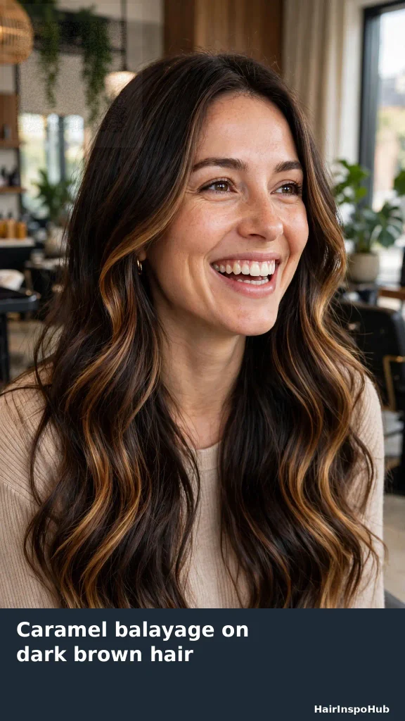 Caramel balayage on dark brown hair
