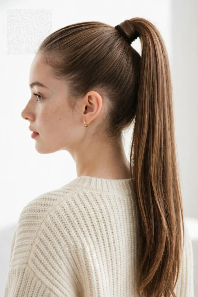 High ponytail hairstyle for long hair