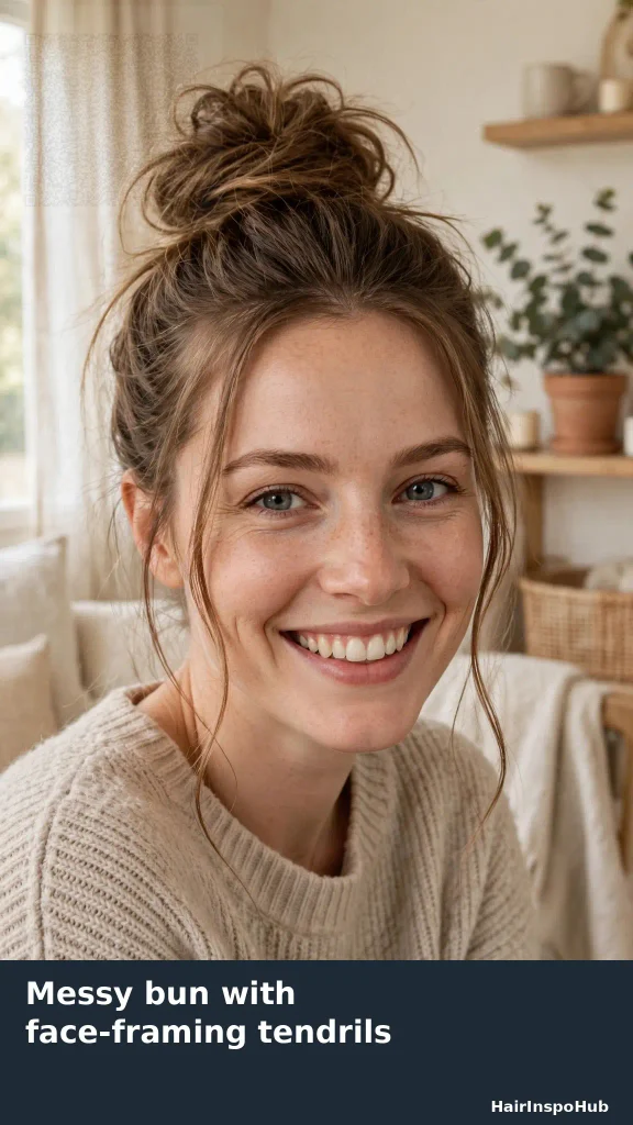 Messy bun with face-framing tendrils