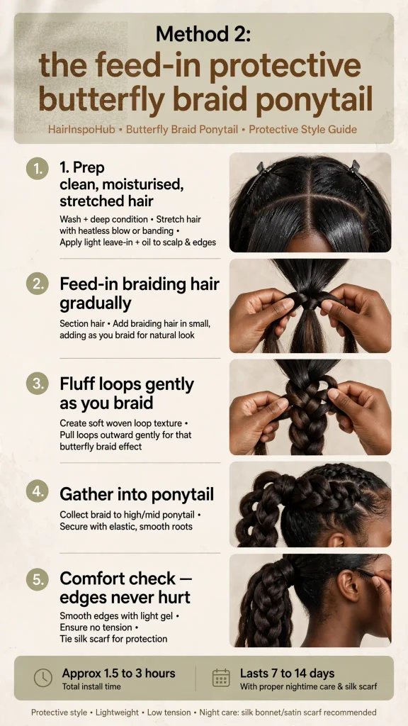 Method 2 feed-in protective butterfly braid ponytail