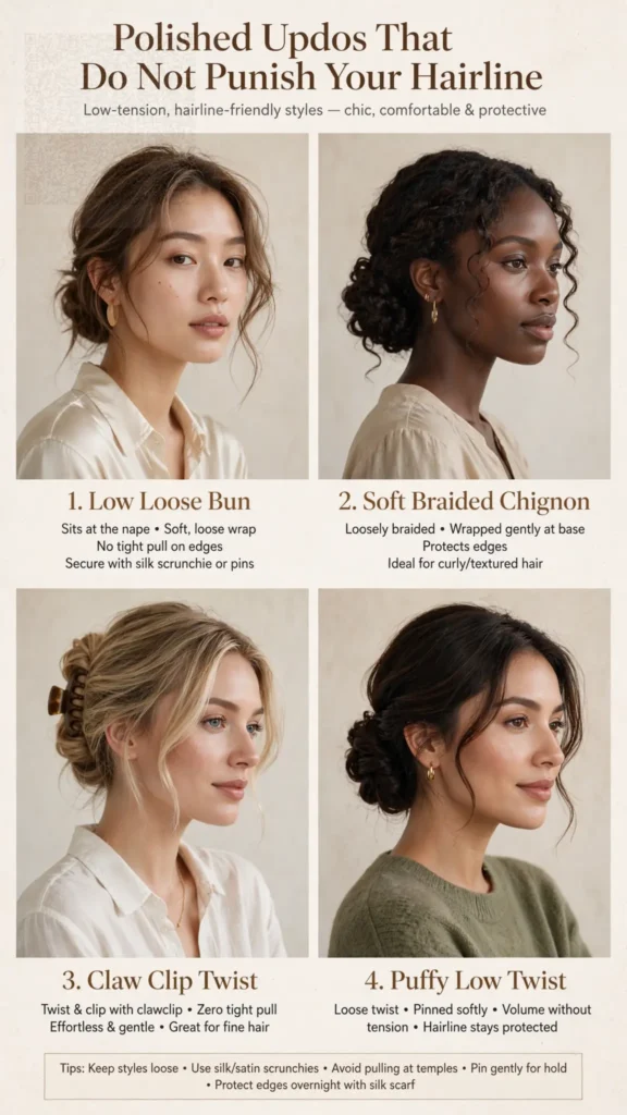 Polished updos that do not punish your hairline