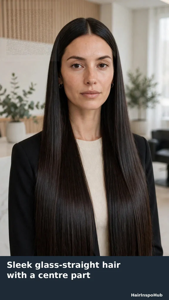 Sleek glass-straight hair with centre part