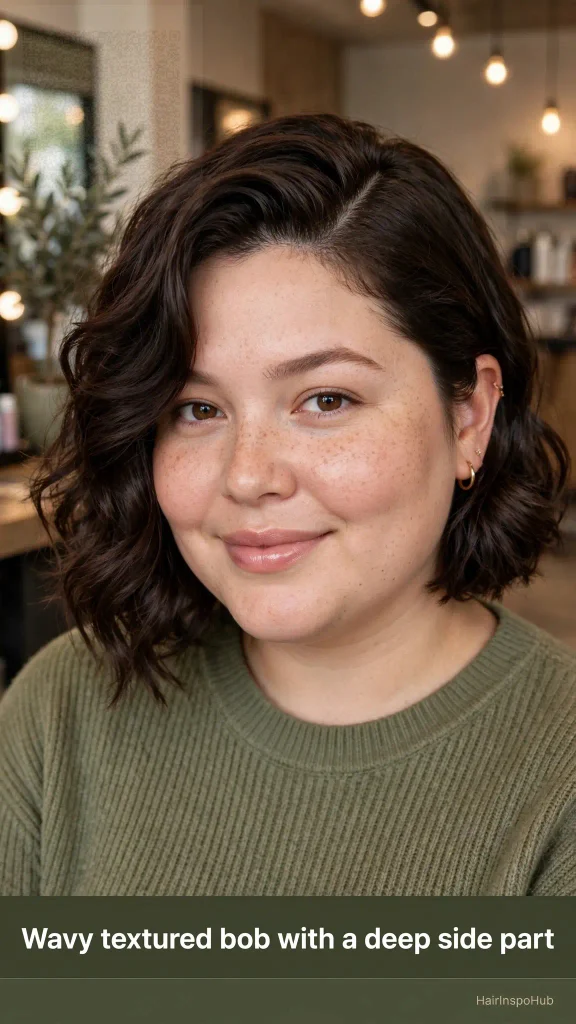 Wavy textured bob deep side part